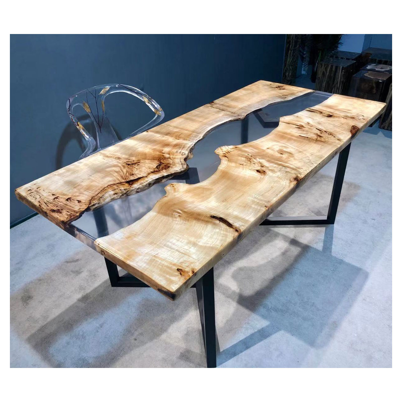 Live Edge Center Table Top Poplar Burl Wood Transparent Epoxy Resin Dining Table River Table