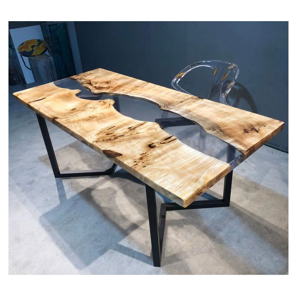 Live Edge Center Table Top Poplar Burl Wood Transparent Epoxy Resin Dining Table River Table