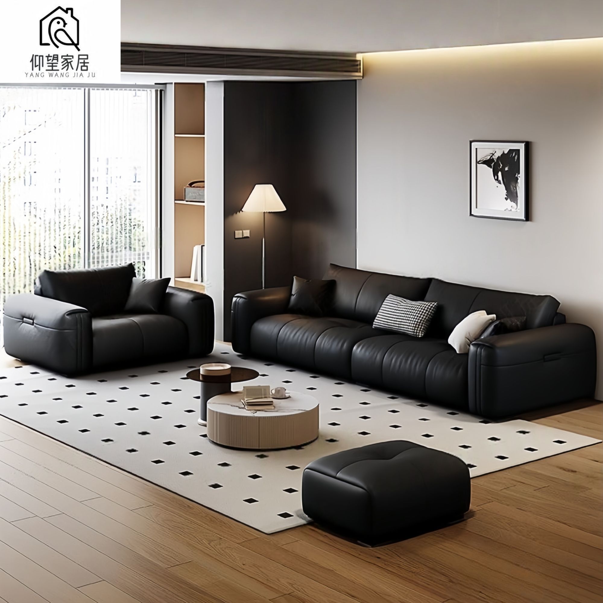 Look Up at the Italian modern minimalist retro leather sofa in the living room, small apartment, black top-grain cowhide straight row