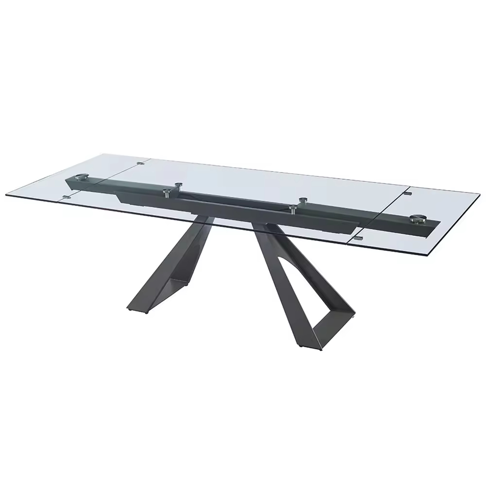 Modern Metal Feet Glass Top Extendable Dining Table