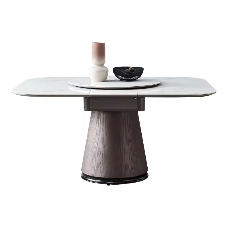 Extendable Square Dining Table with Porcelain Stone and Metal Base