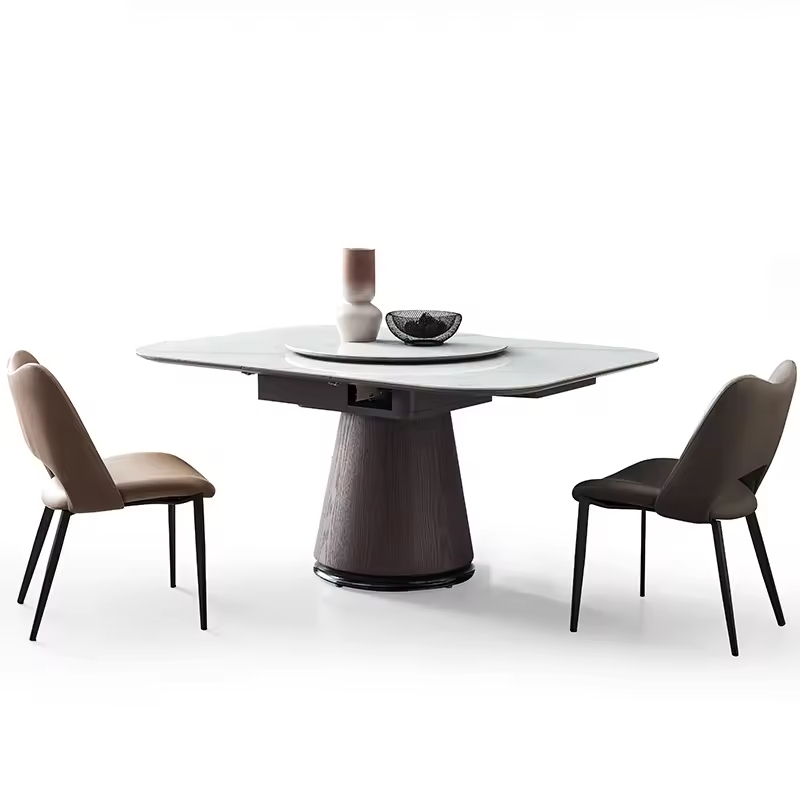 Extendable Square Dining Table with Porcelain Stone and Metal Base