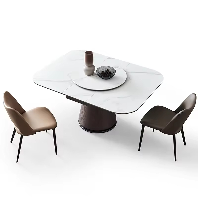 Extendable Square Dining Table with Porcelain Stone and Metal Base