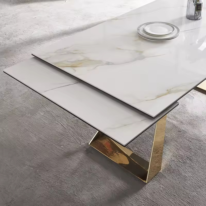 Triangle Golden Metal Legs Extendable Sintered Stone Top Dining Table