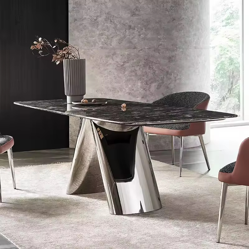 Latest Dining Room Furniture Rectangular Natural Marble Top Stainless Steel Base Dining Table