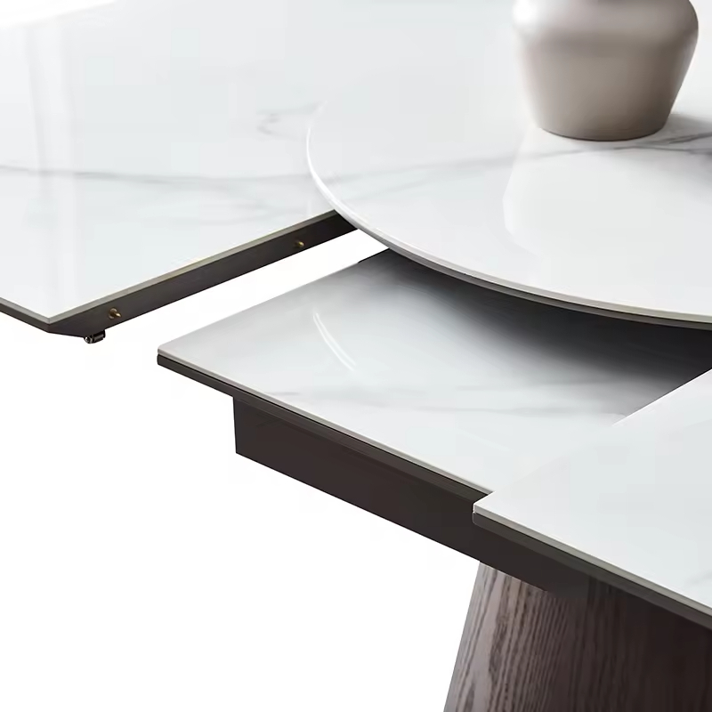 Extendable Square Dining Table with Porcelain Stone and Metal Base
