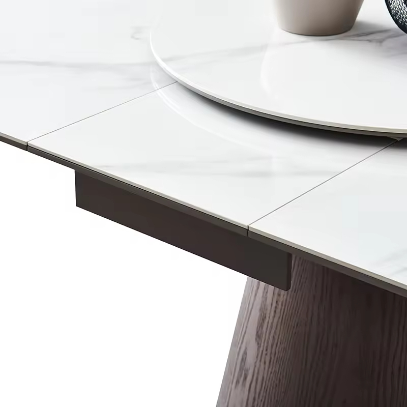Extendable Square Dining Table with Porcelain Stone and Metal Base