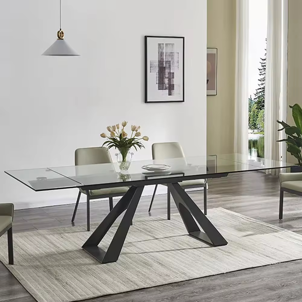 Modern Metal Feet Glass Top Extendable Dining Table