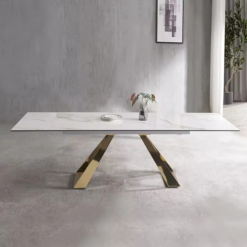 Triangle Golden Metal Legs Extendable Sintered Stone Top Dining Table