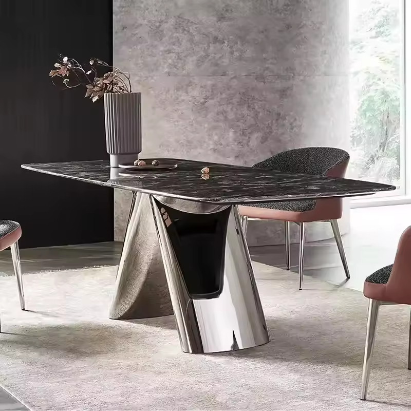 Latest Dining Room Furniture Rectangular Natural Marble Top Stainless Steel Base Dining Table