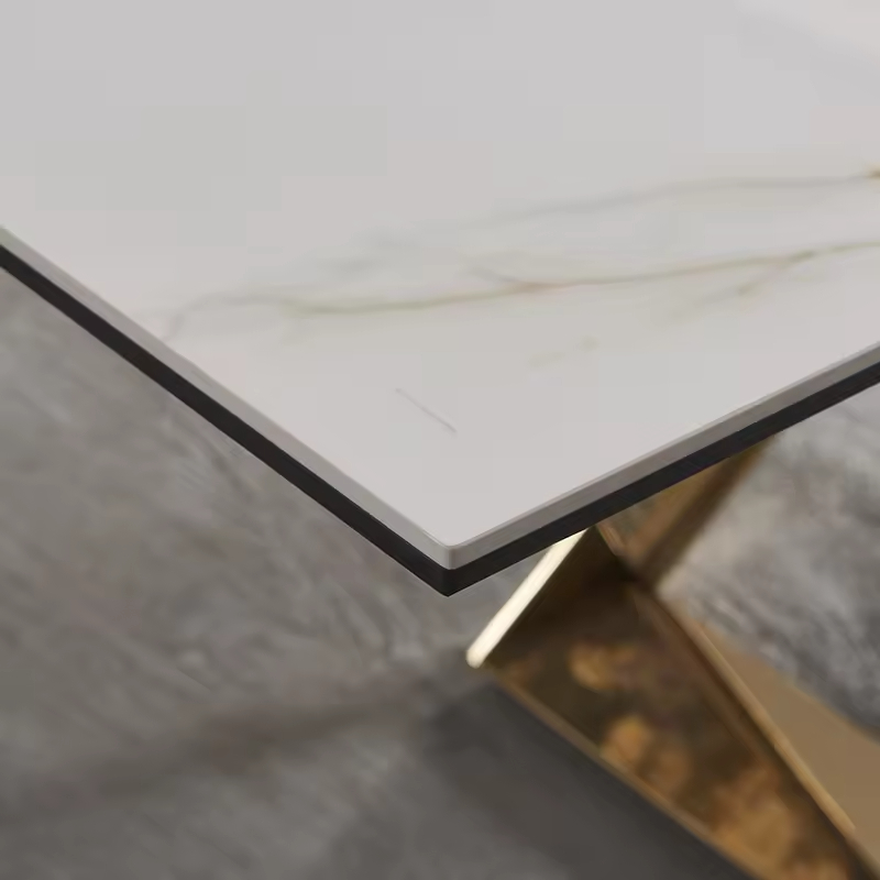 Triangle Golden Metal Legs Extendable Sintered Stone Top Dining Table