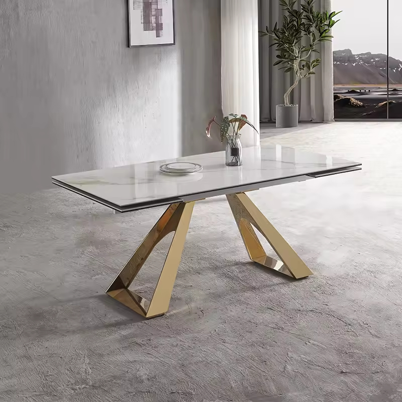 Triangle Golden Metal Legs Extendable Sintered Stone Top Dining Table