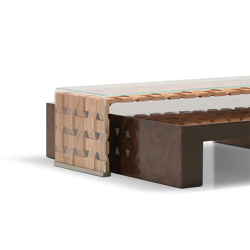 U-shaped burl & woven coffee table