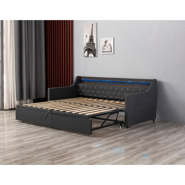 Huayang Custom Bedroom Furniture Dark Gray Retro-style Upholstered Sliding Flatbed Upholstered Bed