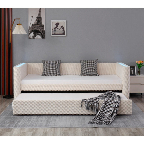 Huayang Custom Bedroom Furniture Sliding Flat Plate LED Beige Velvet Soft Bed