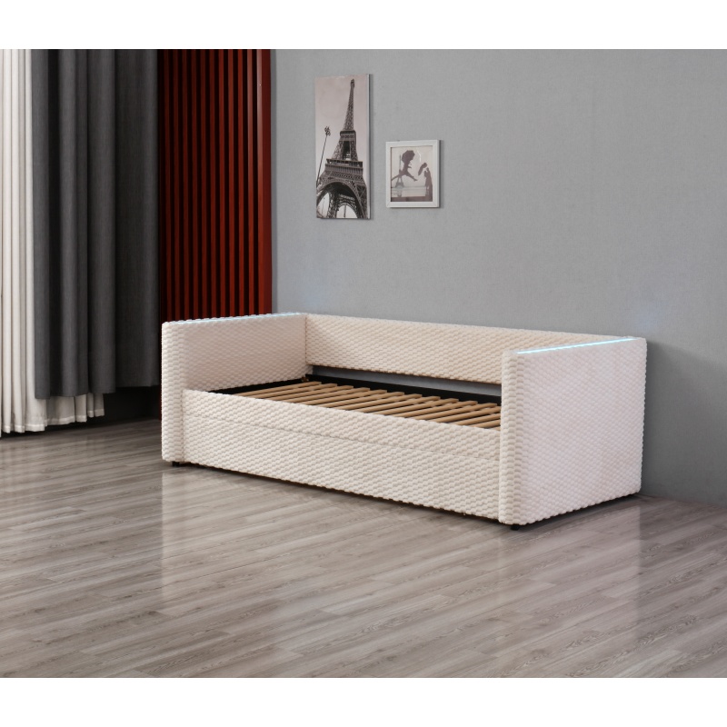 Huayang Custom Bedroom Furniture Sliding Flat Plate LED Beige Velvet Soft Bed