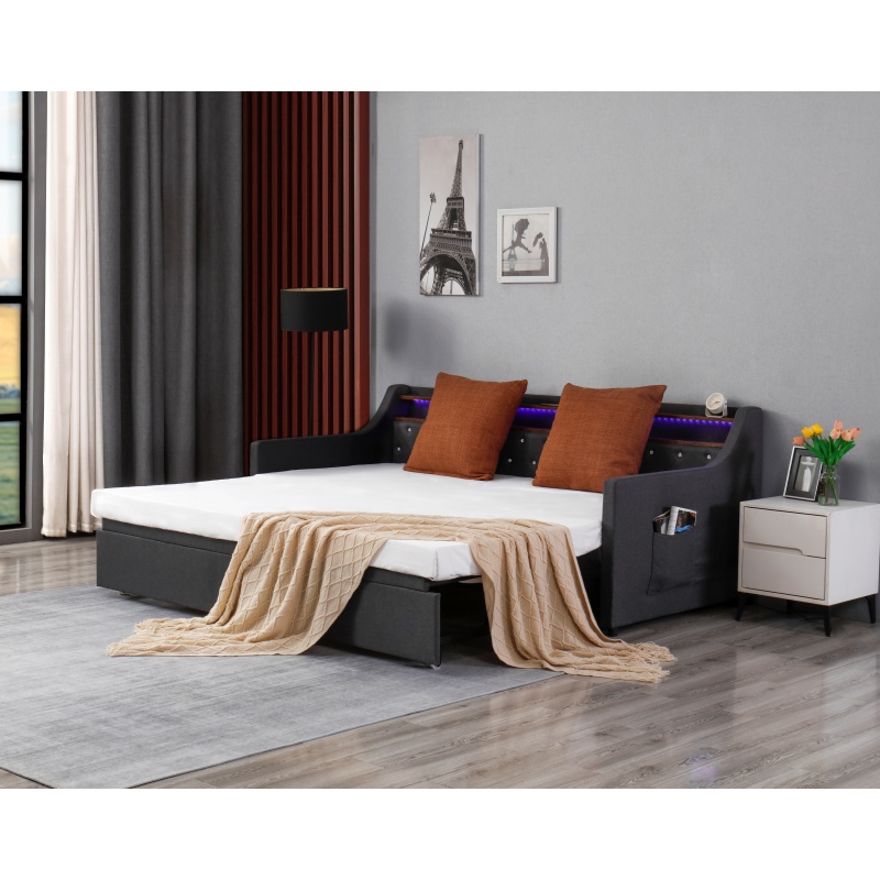 Huayang Custom Bedroom Furniture Dark Gray Retro-style Upholstered Sliding Flatbed Upholstered Bed