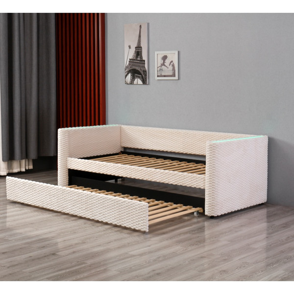 Huayang Custom Bedroom Furniture Sliding Flat Plate LED Beige Velvet Soft Bed