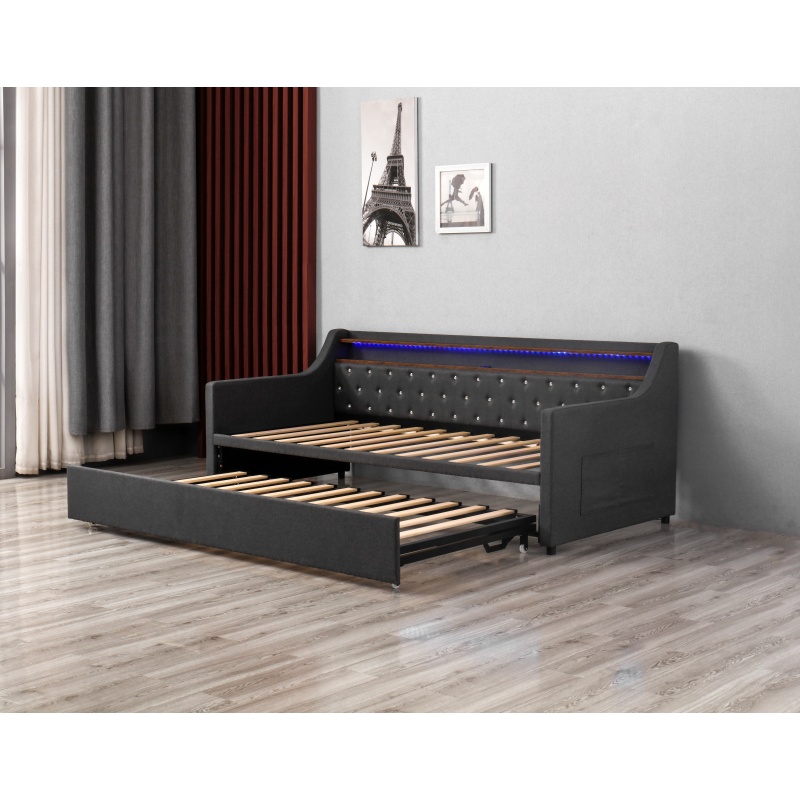 Huayang Custom Bedroom Furniture Dark Gray Retro-style Upholstered Sliding Flatbed Upholstered Bed