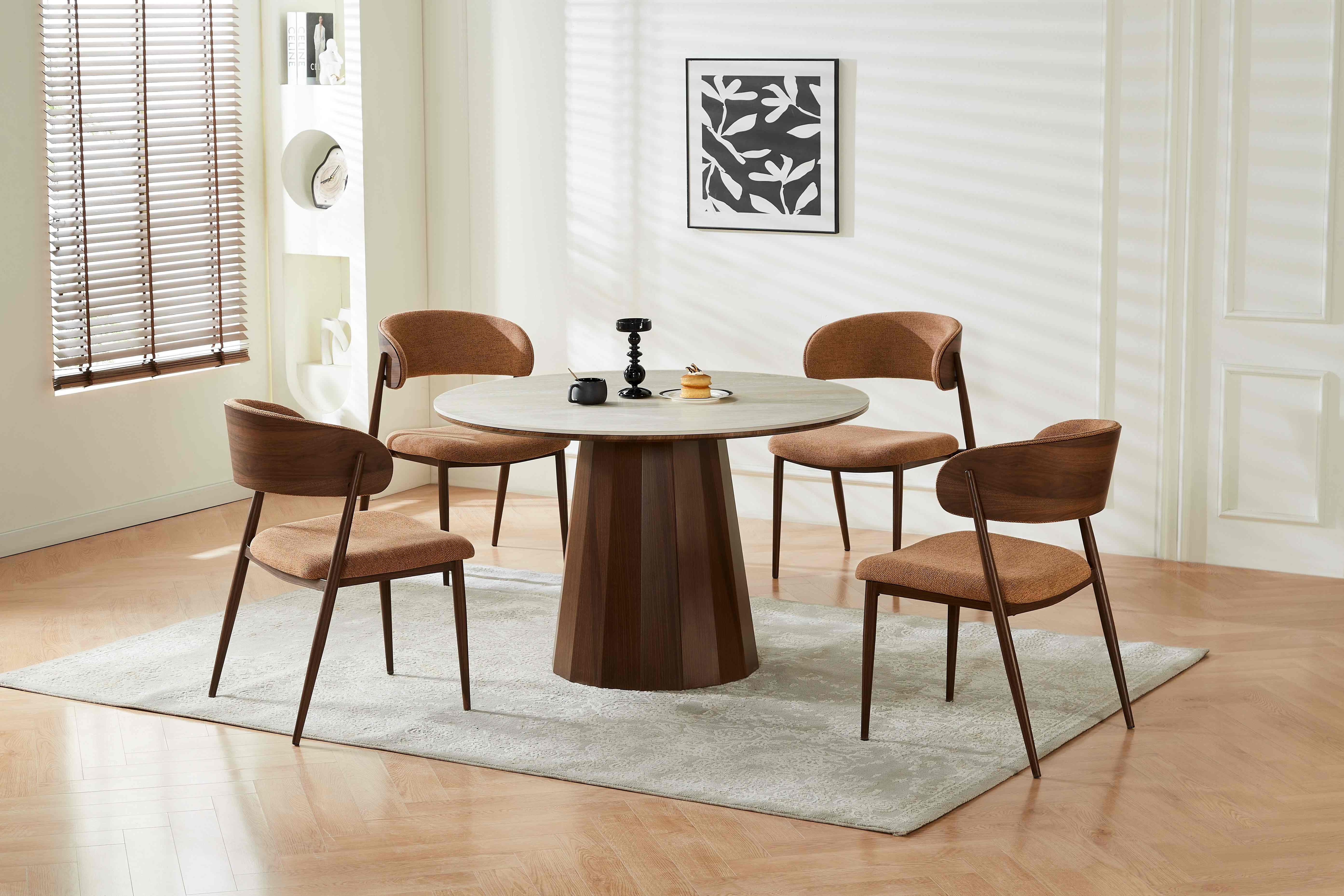 120cm Round Sintered Stone Dining Table, Walnut Transfer Metal Base, Modern Home Kitchen Table