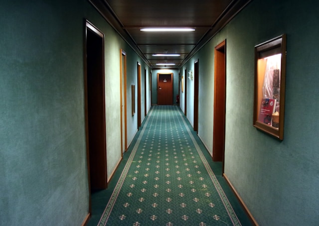 A green-carpeted long hallway, stretching into the distance..jpg
